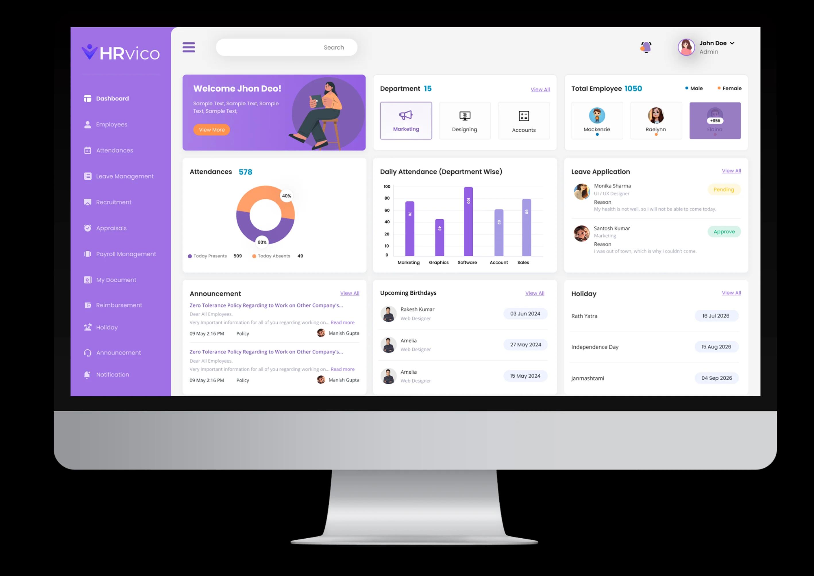 HRVico employee management software dashboard for managing employee records