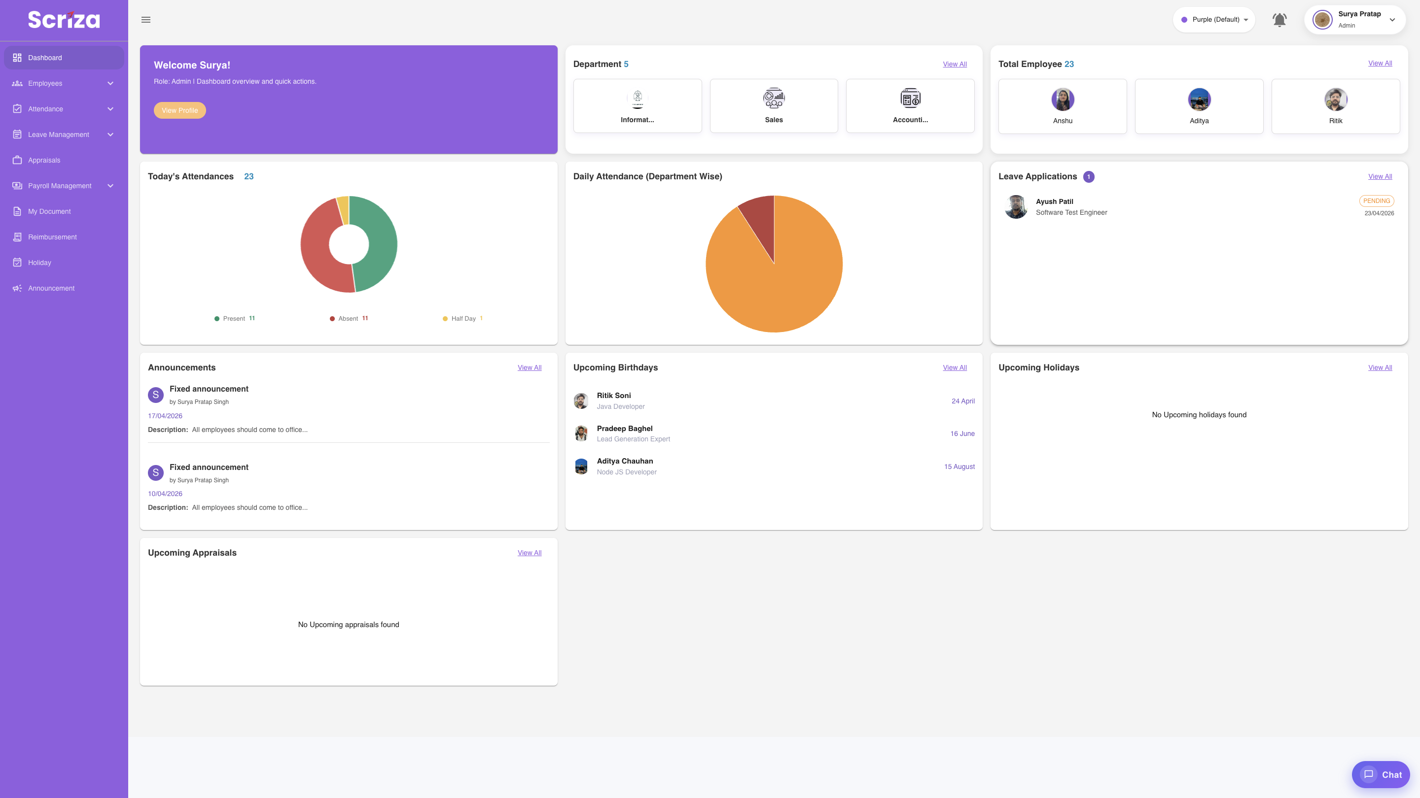 HRVICO Admin Dashboard with attendance heatmap and leave management