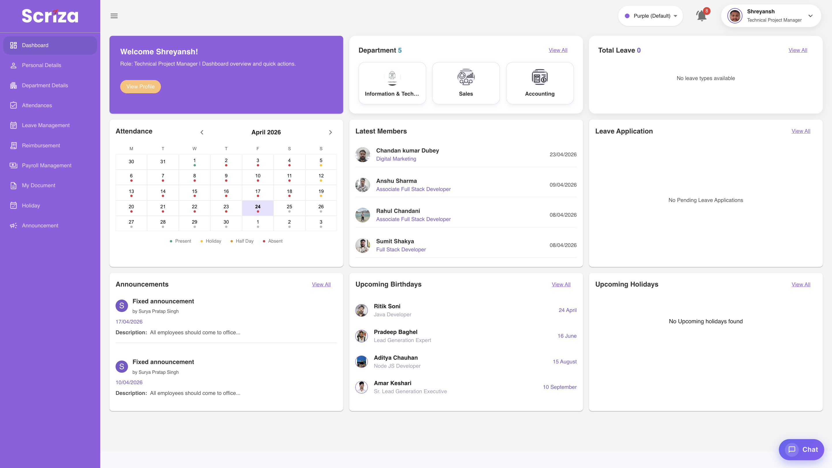 HRVICO Employee Self-Service Dashboard with attendance and quick actions