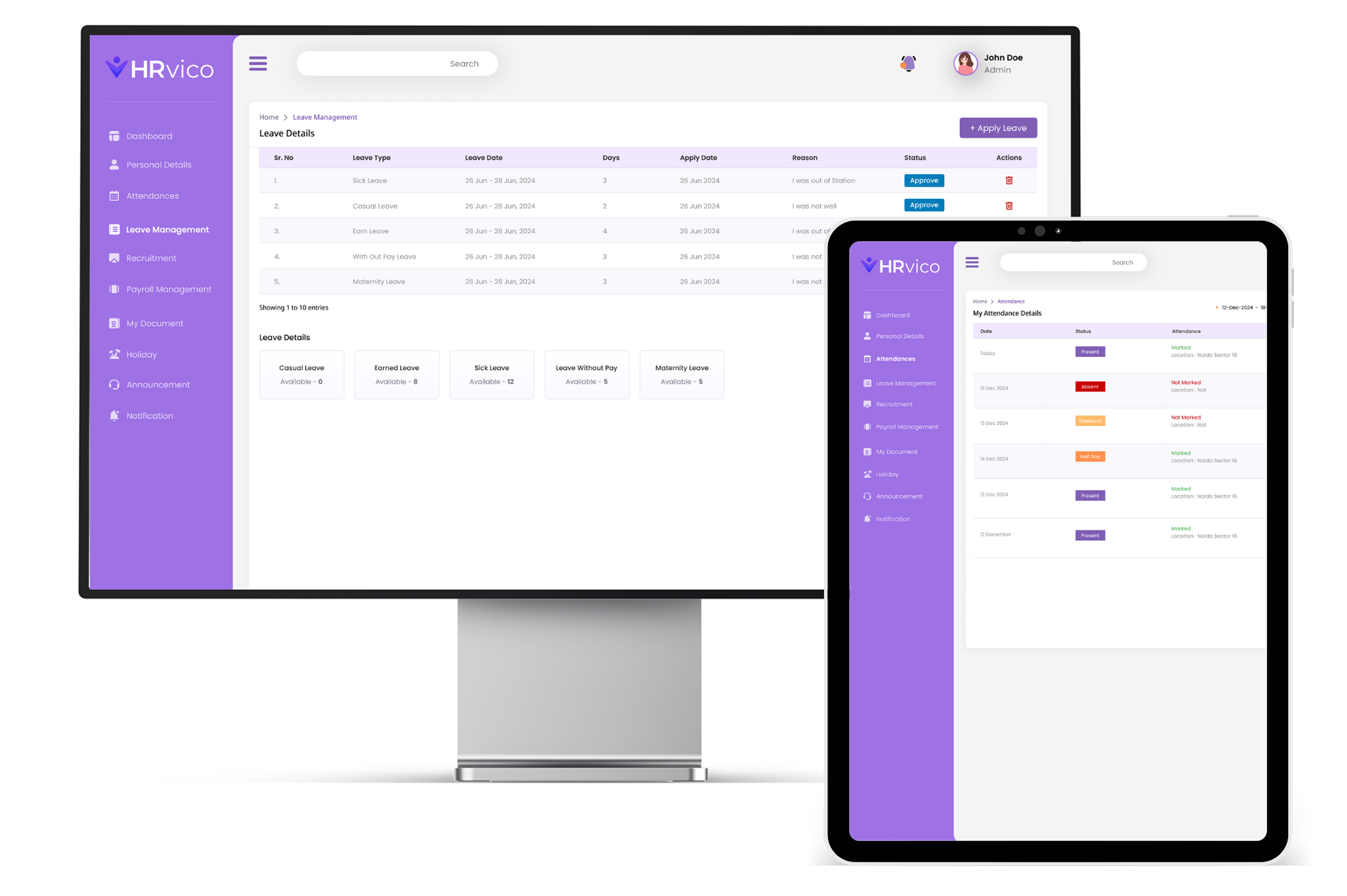 HRVICO Employee Self-Service Dashboard with attendance and quick actions